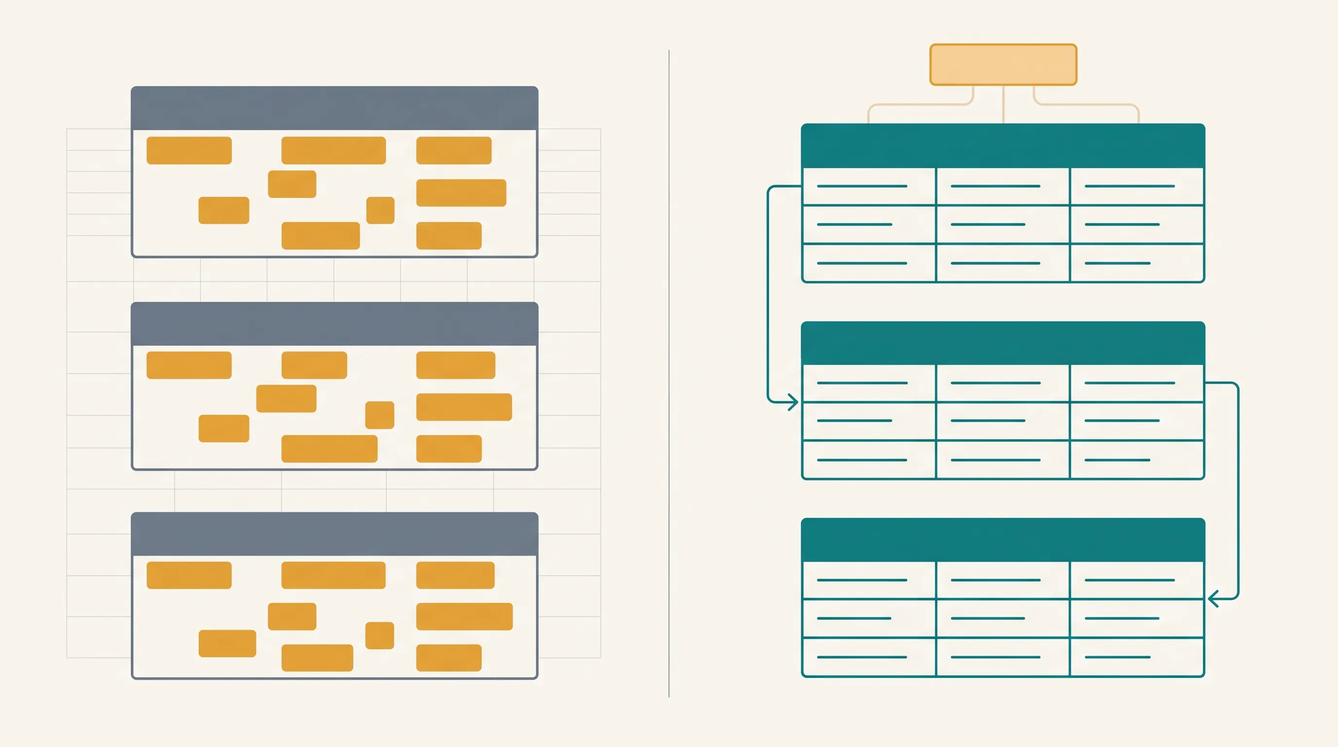Side by side comparison of a spreadsheet-style Airtable base with free-text fields versus a properly linked base with connected tables - Automatoro blog