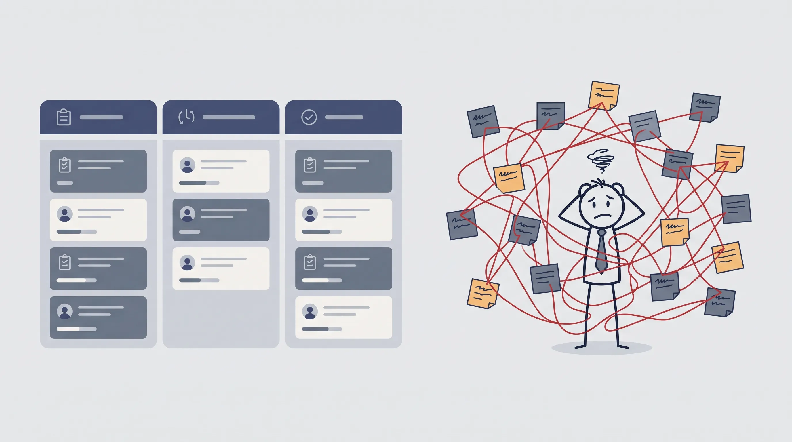 Illustration of a clean, organized kanban board next to a tangled web of connections, representing a broken process rather than a broken tool