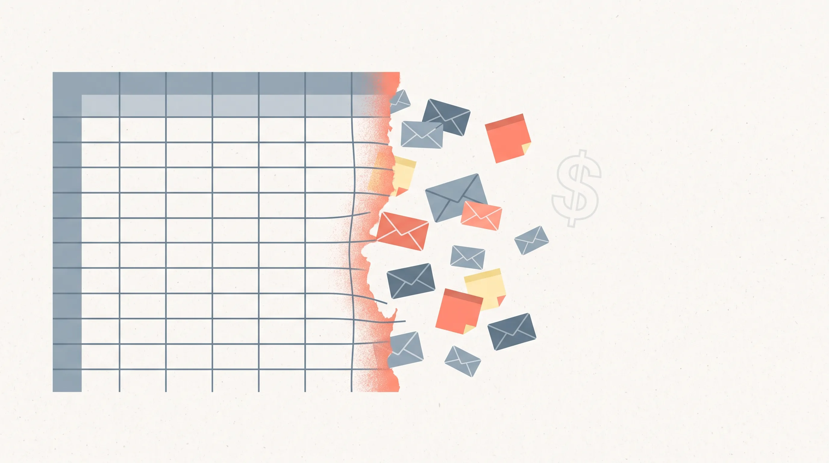 Illustration of a spreadsheet grid fraying at the edge into scattered envelope icons and a dollar sign, representing untracked client payments