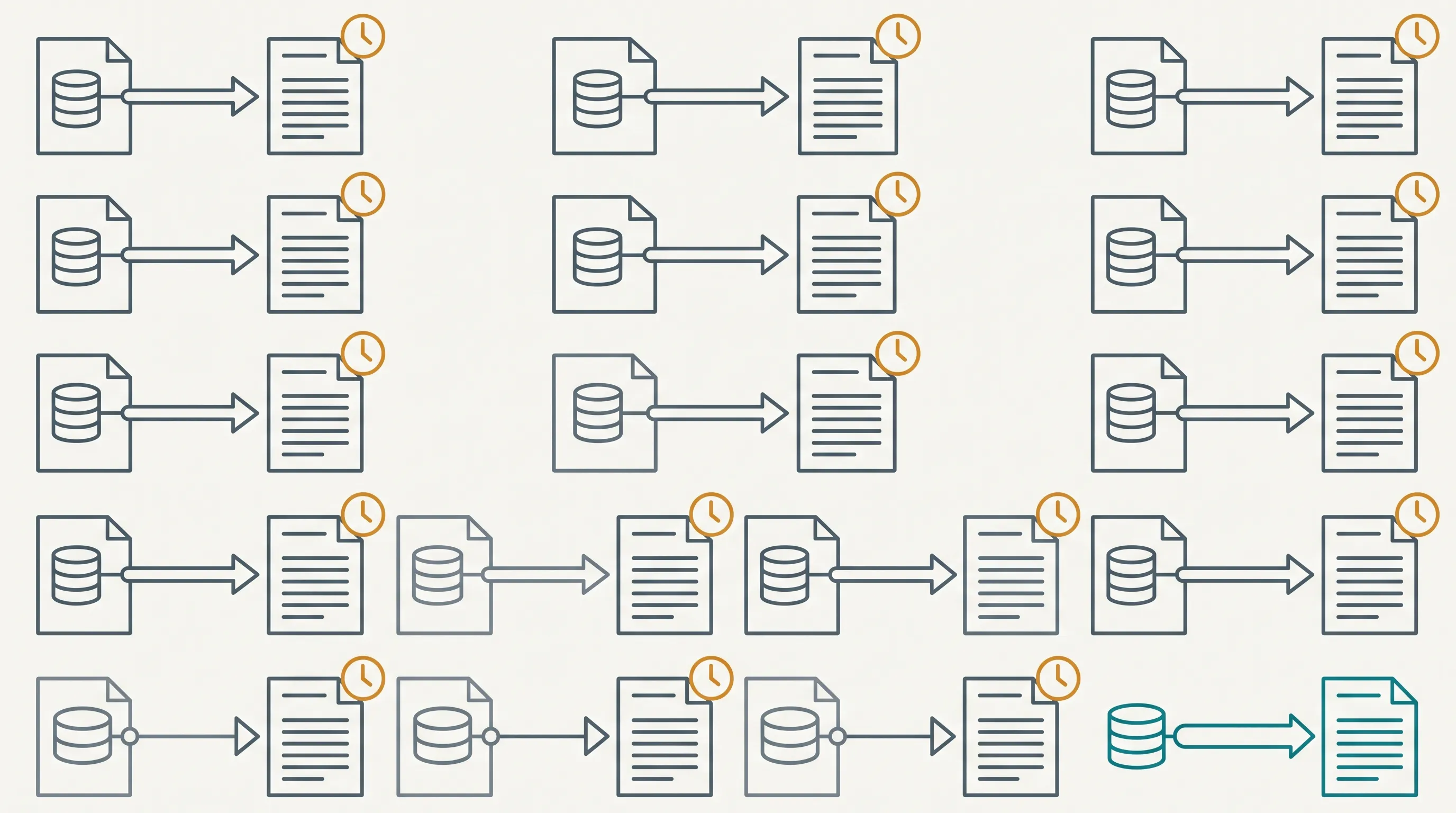 Diagram of repeated manual data-to-report pulls across many clients, each stamped with a clock icon