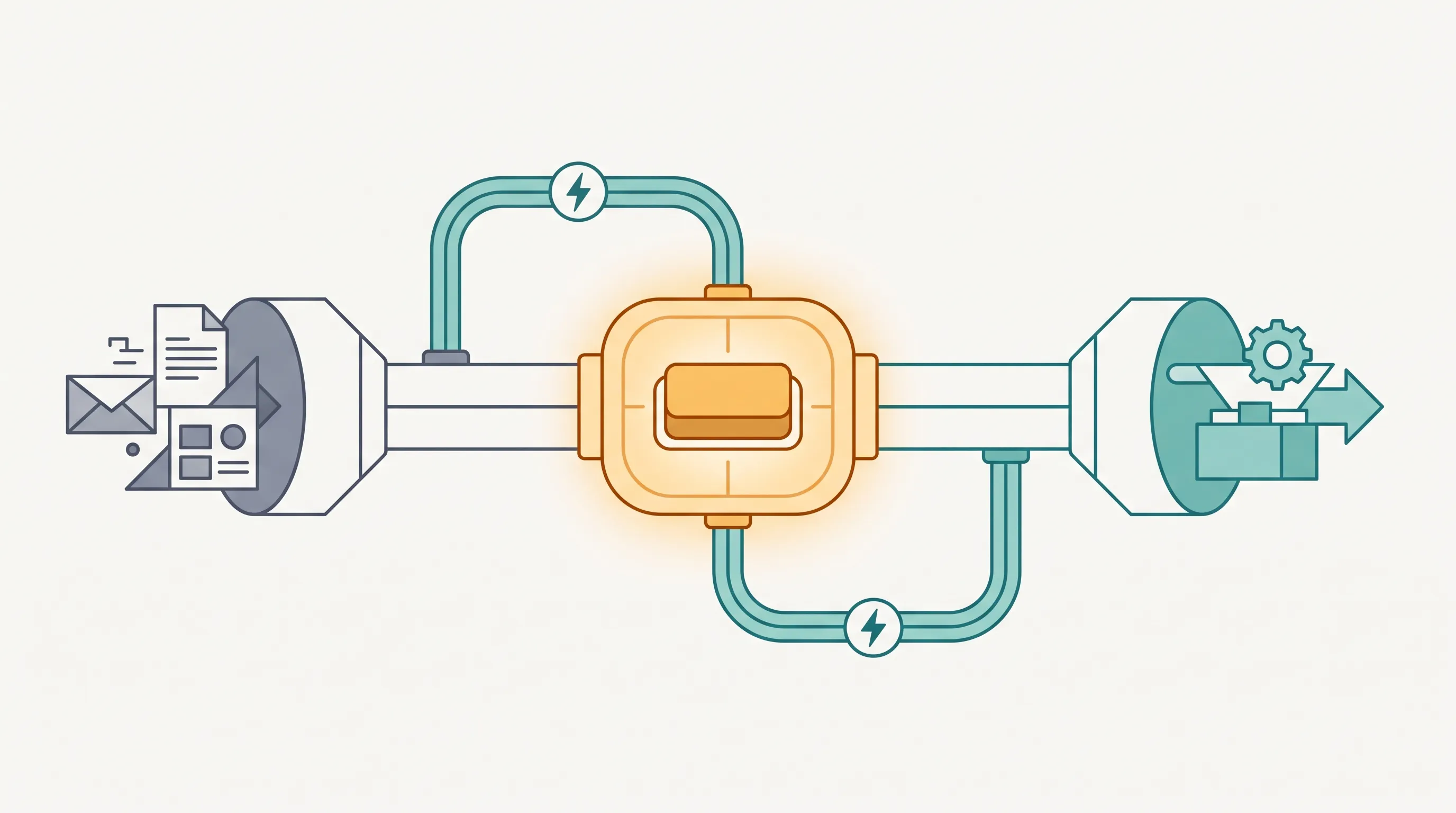Diagram of an automated pipeline routing client requests through a processing stage to a delivery output - Automatoro blog